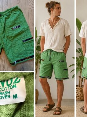 Men's Green Cargo Drawstring Shorts with Tribal Trim Unisex Medium